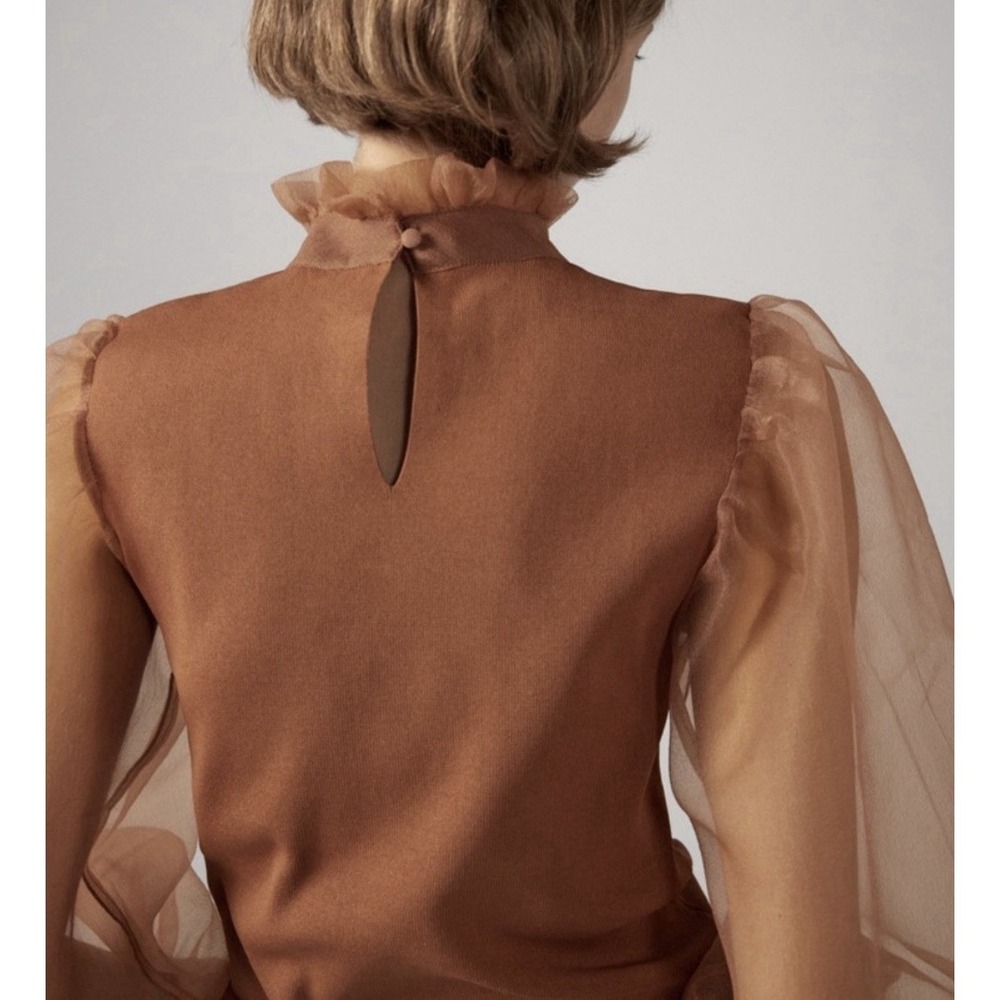 ZARA Brown/Taupe Top Organza Ruffle Woman M Poet Pirate Career Steam punk - Picture 2 of 13